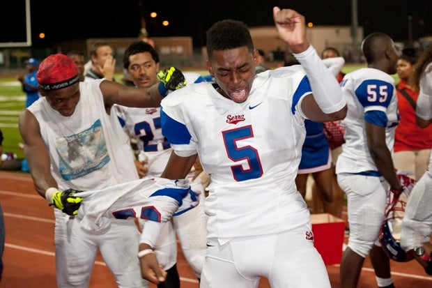 Serra star Jordan Lasley celebrates after the Cavaliers beat Oceanside Friday behind his three touchdown catches.