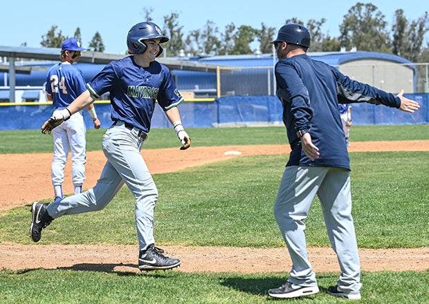 Jacob Paul of La Costa Canyon rounds third after homering in a 9-3 win over Grossmont. The Mavericks went from unranked to No. 17 in this week's MaxPreps Top 25. (Photo: Michele Friszell Wells)