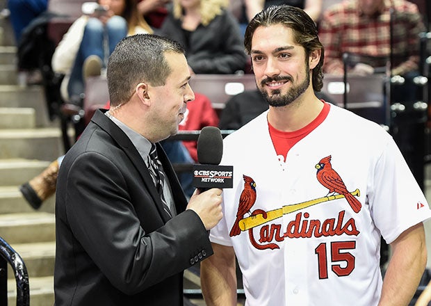 Texas high school product Randal Grichuk, being interviewed here at a high school basketball game in 2016, tied for the nation's home lead in 2009.