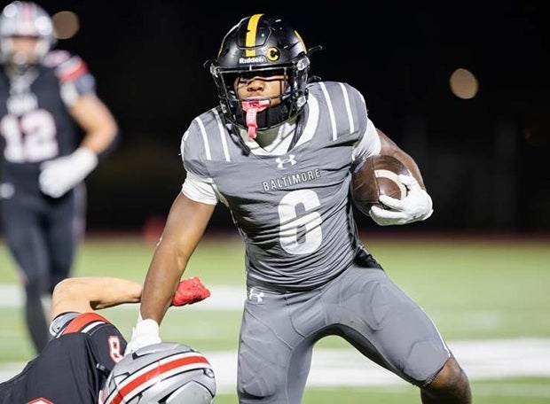 St. Frances Academy running back Jaylen Burke sheds a tackler two weeks ago against The Hun School. Burke and the Panthers are No. 1 in this week's MaxPreps Top 25. (PHOTO: Kim Kravitz)