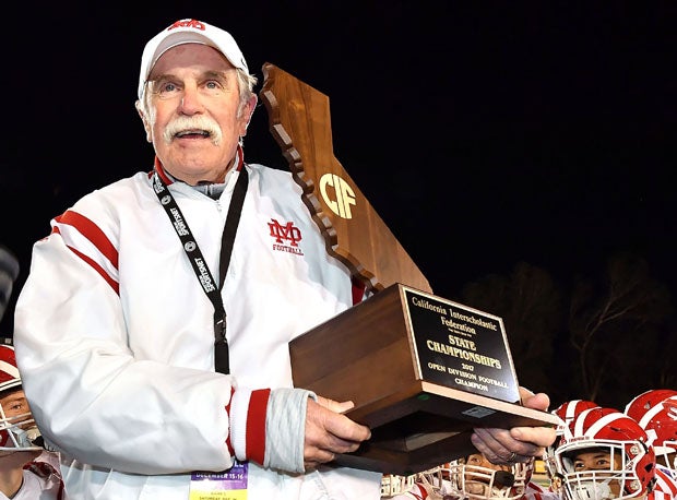 Bruce Rollinson after winning the CIF Open Division title last December over De La Salle at Sacramento State.