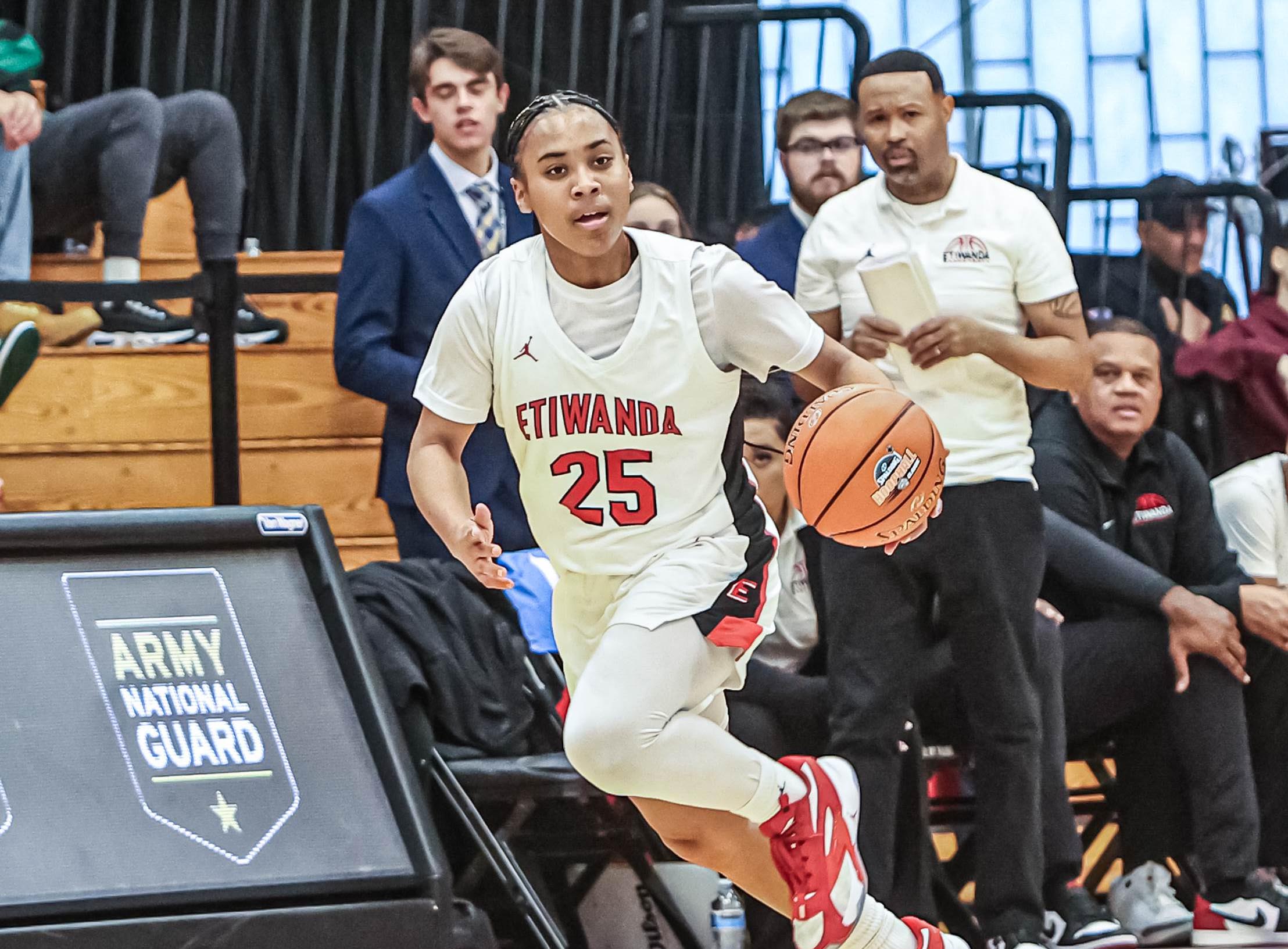 Point guard Aliyahna Morris helped No. 3 Etiwanda to a 65-44 win Friday over No. 4 Sierra Canyon in the Southern Section Open Division finals. Morris had 15 points as the Eagles won the first round of what's likely a two-round battle for the right to compete for the CIF Open Division title. (Photo: Lonnie Webb)