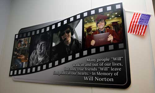 A memorial to Will Norton, one of the two Joplin High School students killed in the
tornado, is displayed in the school's TV production department.