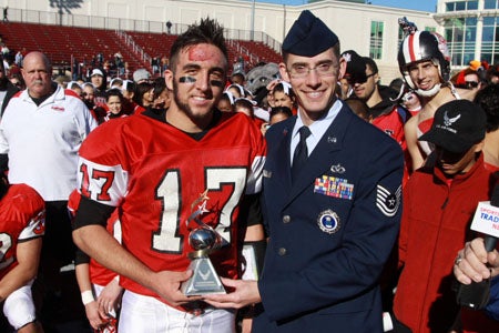Easton senior quarterback Ian Hayden, left, received game MVP honors after going 9-of-18 for 160 yards in his team's 24-8 win against Phillipsburg Thursday morning.