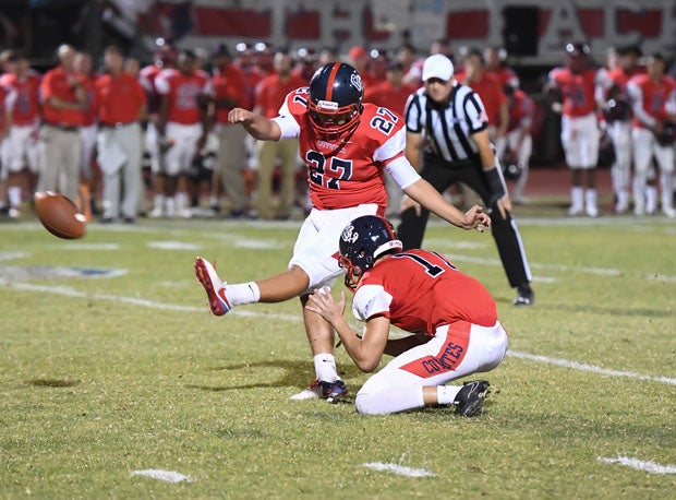 Xavier Rojas with one of his two field goals for Centennial.