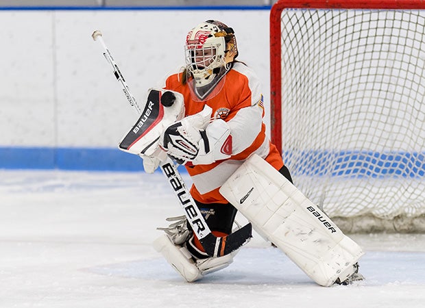 Stoughton (Mass.) goalie Brianna Barbosa makes a save during a game against Dedham.