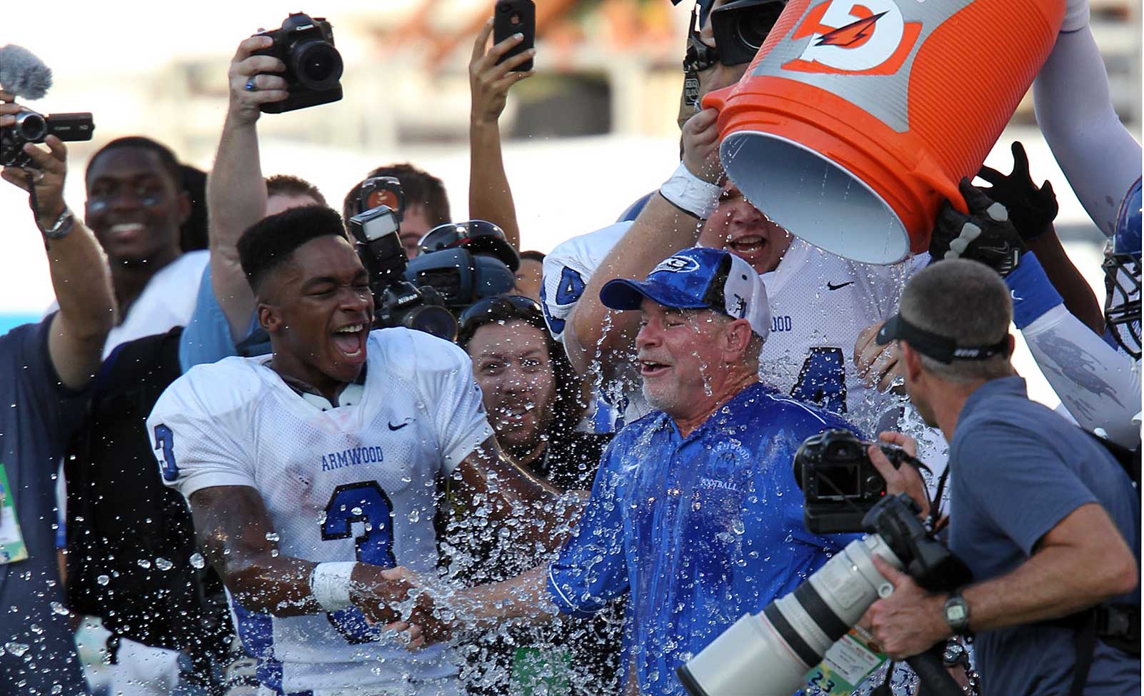 Armwood head coach Sean Callahan gets a Gatorade bath following Armwood's 40-31 victory over Central. The Hawks beat three Top 25 teams on the year.