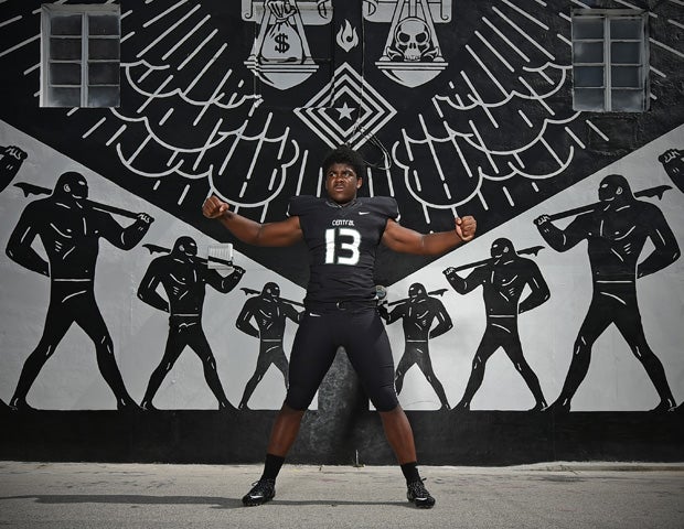 Central defensive lineman Keir Thomas poses during the photo shoot in Miami.  