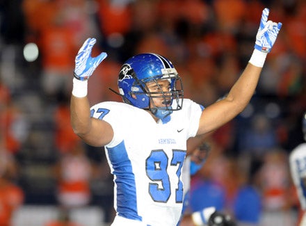 Armwood junior defensive lineman Freddie Martin celebrates a very hard-earned victory.