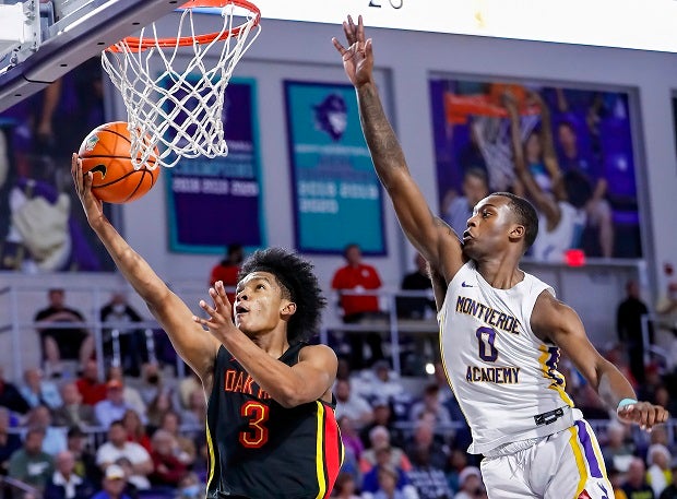 Oak Hill's Caleb Foster shoots past Montverde's Dariq Whitehead in the Eagles' 60-55 championship win Wednesday at the City of Palms Classic.