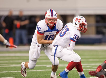 Quarterback Jordan Darling, shown here in action for Midway (Waco, Texas), will be playing for his fourth school in four years this season. The son of a military mother has managed to secure a spot in the University of Kansas program despite the constant upheaval.