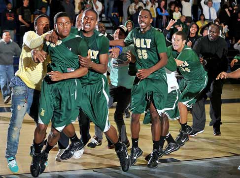 Long Beach Poly celebrates a close win over Los Osos.