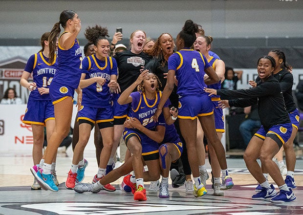 Montverde Academy players and coaches mob Jaloni Cambridge after a 79-78 win over No. 1 Long Island Lutheran on Friday at Chipotle Nationals. Cambridge, an Ohio State commit, hit a runner with time expiring to give Montverde the victory. The Eagles face No. 5 IMG Academy on Saturday in the final. (Photo: Julie Brown)