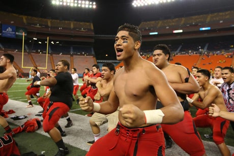 The Red Raiders of Kahuku celebrate their second straight and seventh state title overall with the state's ritual haka war dance.