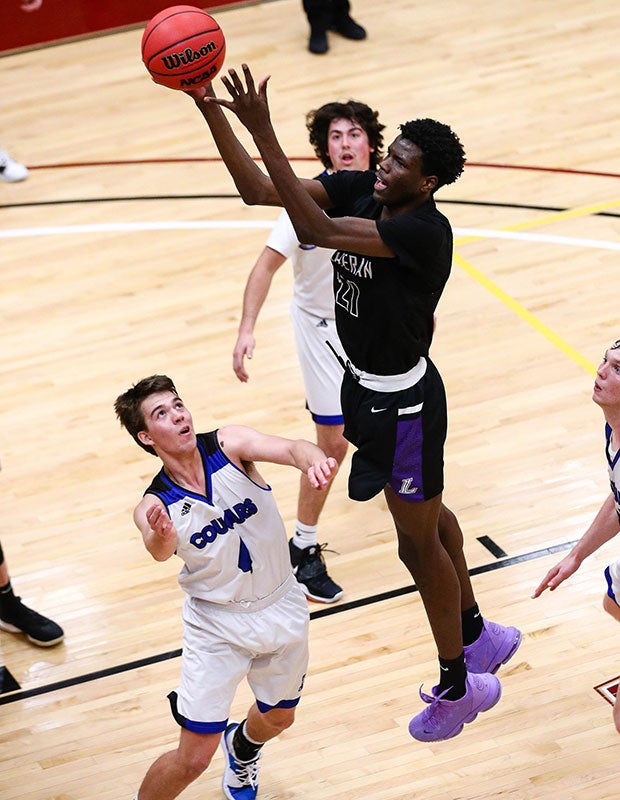 Center Baye Fall is shown playing for Lutheran HS (Colorado) during the 2019-2020 season.