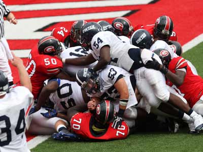 Controversy as Dwyer QB Jacoby Brissett (#12) attempts to score.