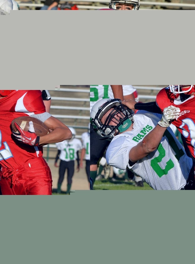 A Mira Loma (Sacramento, Calif.) shoves off a Dixon (Calif.) would-be tackler with force.