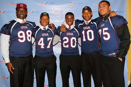Incoming Cal-Stanford contingent (L-R): Ikenna Nwafor, Hardy Nickerson Jr., Alex Carter, Noor Davis and Freddie Tagaloa. 
