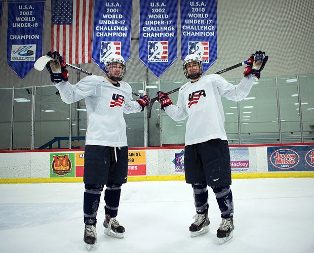 Nicholas Boka (left) and Colin White are members of the U-17 USA Hockey National Team. While Boka is from a nearby town, White moved from Hanover, Mass., to Ann Arbor, Mich., to take part in the rigorous training program.