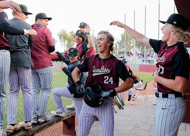 Hamilton's Gavin Turley celebrates a home run with teammates. The Huskies moved to No. 6 in this week's MaxPreps Top 25 high school baseball rankings.