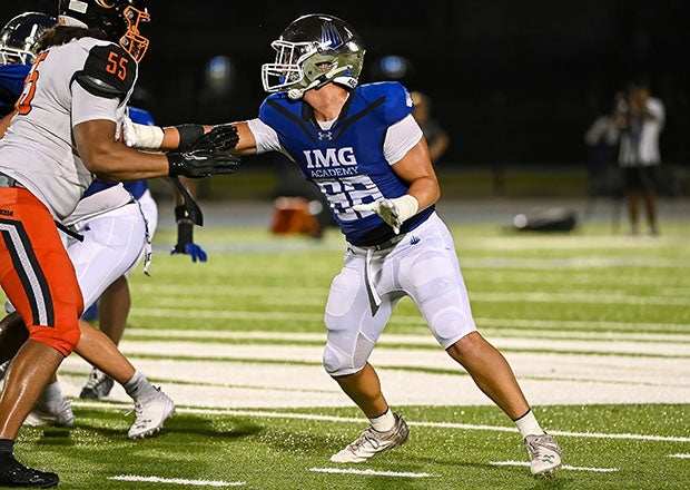 Four-star defensive end Jake Kreul is back for redemption at IMG Academy after a rare multi-loss season in 2024. He has pulled in more than 50 FBS offers. (PHOTO: Stacy White)