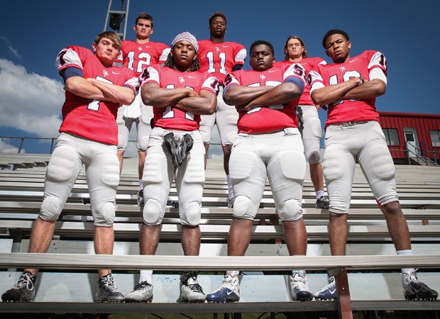 South Panola players pose for a group shot in the stands. Front row left to right: Cole Rotenberry, Demetrivs Market, Rodney Shaw and Donald Twilley; Back row: Tyler Pogue, Drelan Porter and Turner Rotenberry.