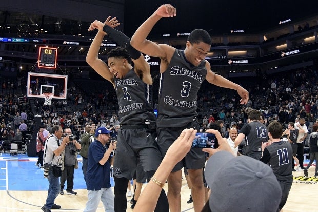 Kenyon Martin Jr. (4) and Cassius Stanley celebrate after winning California's Open Division state title in March.