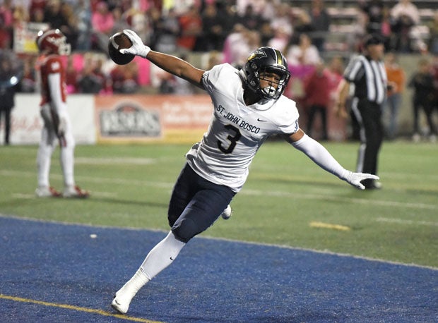 St. John Bosco receiver Jake Bailey enjoys a touchdown catch in during his team's 41-18 win over Mater Dei on Oct. 13.