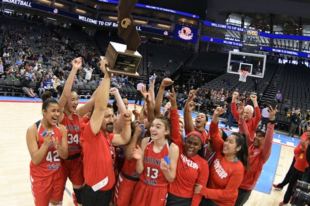 Redondo Union celebrates resounding state-title win at the Golden 1 Center in Sacramento on Saturday.