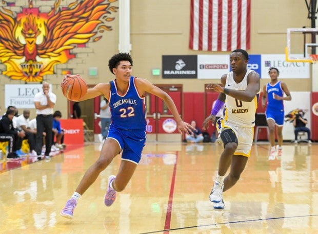 Duncanville's Davion Sykes drives against Montverde Academy defender Dariq Whitehead.