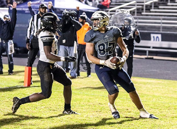 Norcross tight end Lawson Luckie celebrates his first quarter touchdown in the Blue Devils' 17-7 Georgia AAAAAAA quarterfinal win Friday over No. 9 Colquitt County.