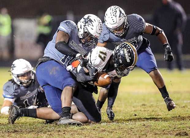 This reception by Le'Meke Brockington of Colquitt County was ruled a fumble and recovered by Norcross.