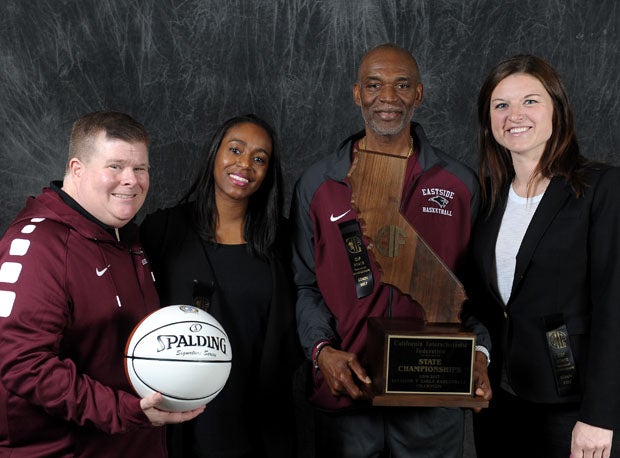 Blythe with his three assistants following the girls' teams 2016-17 state title at Golden 1 Center in Sacramento.