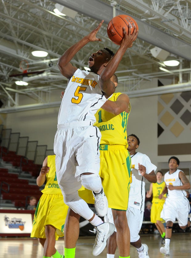 Wenonah's high scoring guard and Alabama-bound senior Justin Coleman had 19 points in an 86-79 win over Tampa Catholic Friday morning at Rancho Miraga High School.