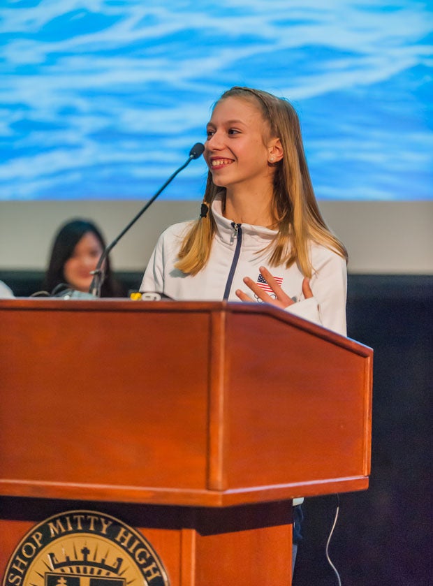 Mitty sophomore and Olympic figure skater Polina Edmunds told her student body she will be thinking of them in Sochi, Russia, site of the 2014 Winter Olympics.