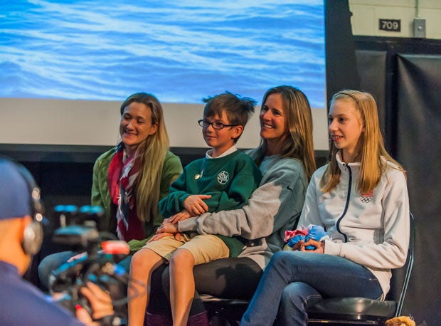 Mitty sophomore and Olympic skater Polina Edmunds is joined by Kerri Walsh-Jennings (left), Brandi Chastain and her son Jaden. Chastain graduated from Mitty in 1986, Walsh in 1996 and Edmunds is scheduled to graduate in 2016.