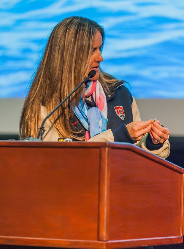 Soccer great Brandi Chastain gave her 1996 Olympic pin to sophomore skater Polina Edmunds. "Good luck and be fearless," she told the 15-year-old.