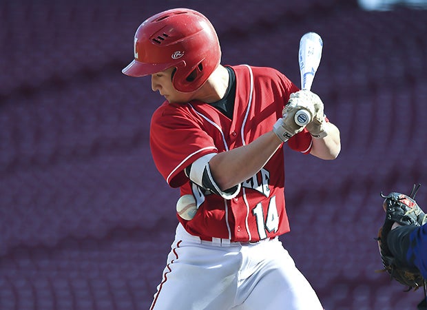 Jake Lawson of La Salle (Ohio) is hit by a pitch against Elder during the Futures High School Showcase at Great American Ballpark in Cincinnati.