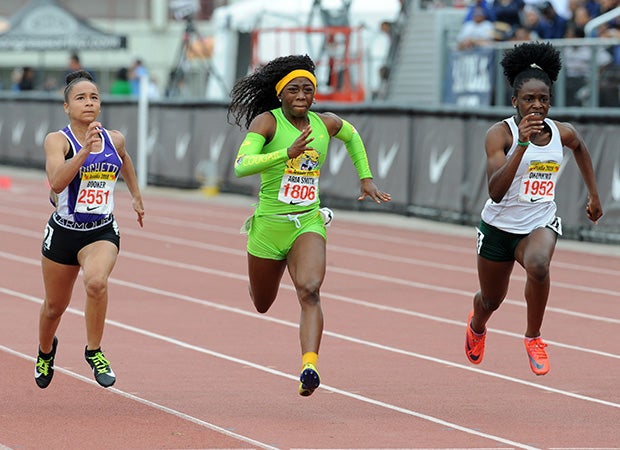 Athletes compete in the women's 100 meter dash during the 51st Annual Arcadia Invitational in Southern California.