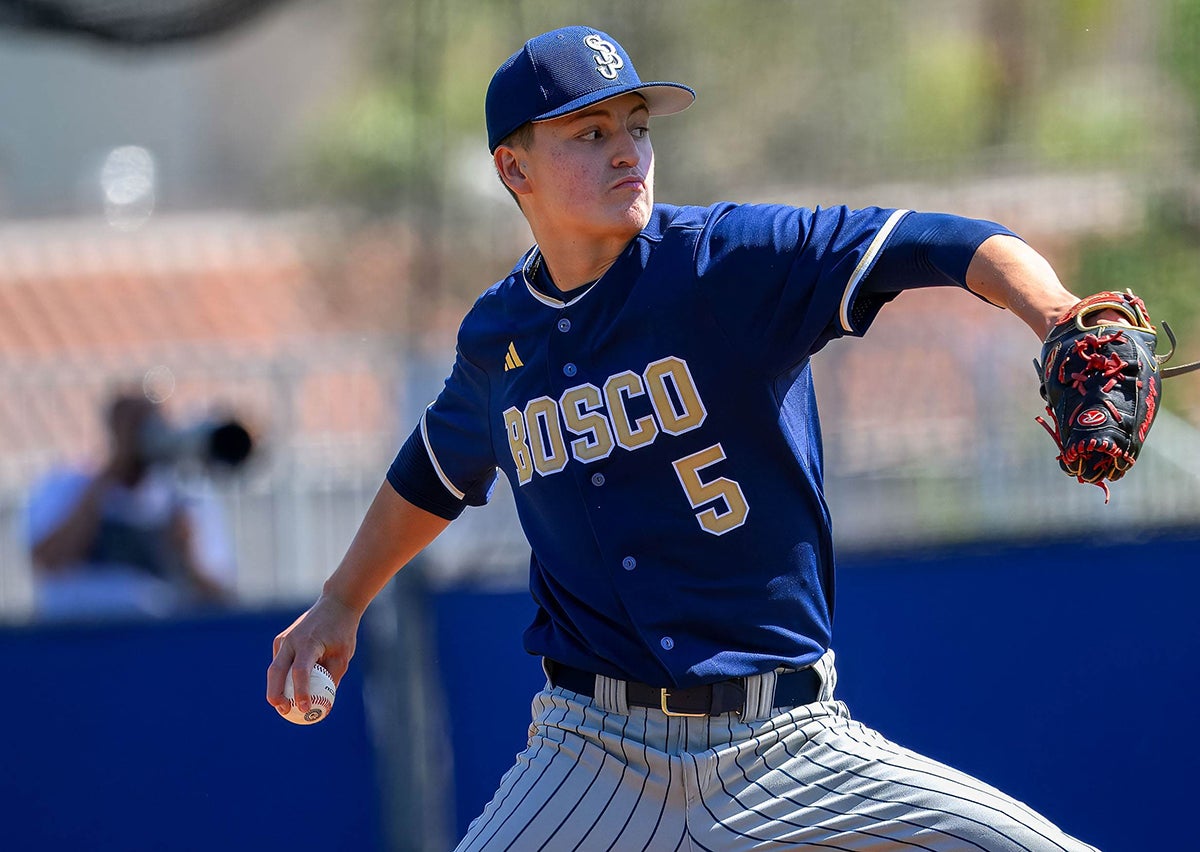 Junior Gavin Cervantes leads No. 9 St. John Bosco in innings and strikeouts as the Braves get set to play Santa Margarita in the Division 1 CIF Southern Section baseball championship at 7 p.m. Friday. Eight additional Southern Section championship games will be played the next day. (PHOTO: Paul Rodriguez)