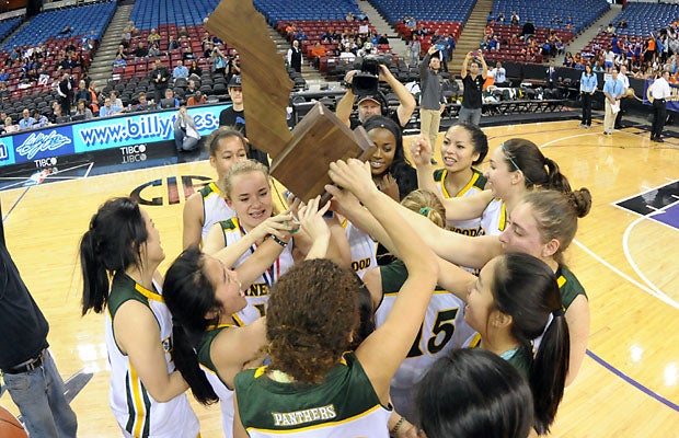 Pinewood celebrates its sixth CIF state title with a 60-42 win over La Jolla Country Day in the Division V girls finals at Sleep Train Arena in Sacramento Friday. See write-up below. 