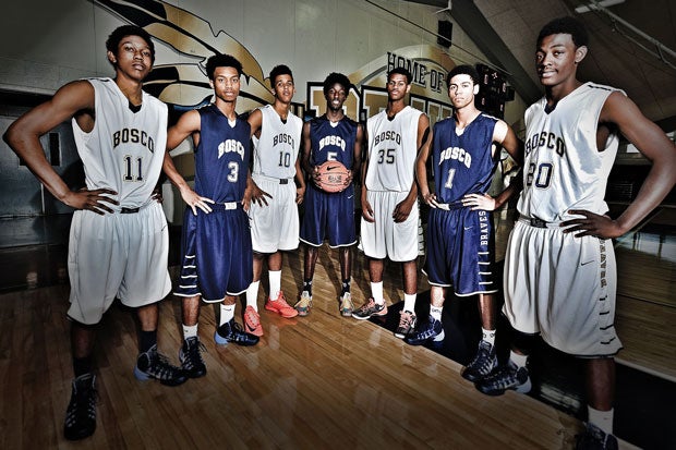 St. John Bosco hopes the collective talent of (from left to right) Rodney Henderson, Lorne Currie, Vance Jackson, Daniel Hamilton, Billy Preston, Tyler Dorsey and Joseph Tate can carry it past Mater Dei in the Trinity League.