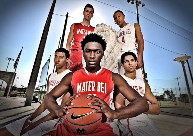 (Clockwise from front center) Stanley Johnson, M.J. Cage, Rex Pflueger, La'vette Parker and Mario Soto are looking to become the 10th Mater Dei team in a row to win 30 or more games.