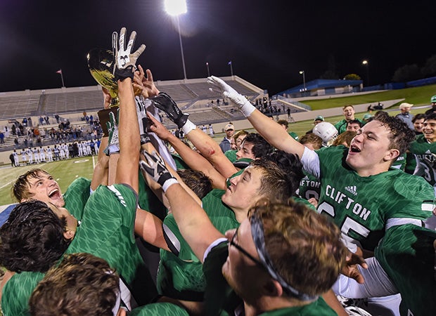 Clifton (Texas) players celebrate their victory over Rice in the UIL 3A Division 2 Bi-District title game.