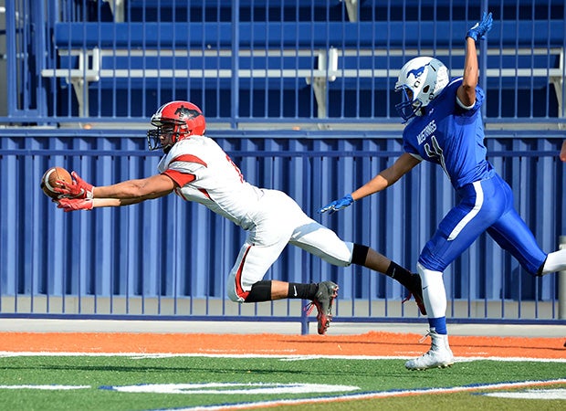 A Pershing County (Nev.) receiver makes a diving attempt for a catch against Needles in the NIAA 2A championship game.