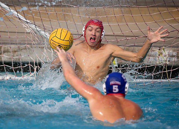 Goalie Luc Verspieren of Christian Brothers (Calif.) readies for a shot by an Oakdale player in the CIF Sac-Joaquin Section Division 3 title game.