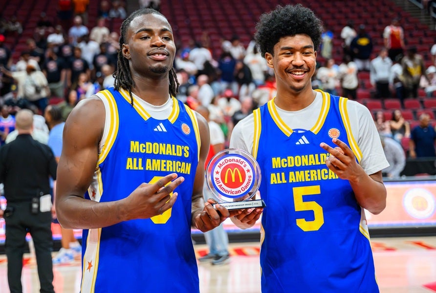 Arizona signee Caleb Holt and Missouri-bound Jason Crowe took home McDonald's All American Game co-MVP honors on Tuesday as the West beat the East 102-86. (PHOTO: Jack Beasley)