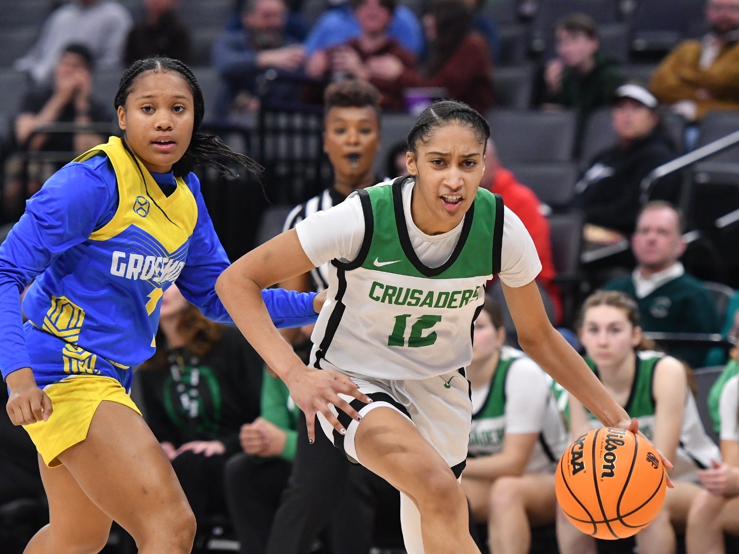 St. Bernard's junior point guard Laila Florvilus led the Crusaders to the CIF girls Division IV title on Saturday with a game-high 18 points in their 47-29 win over Grossmont. (Photo: David Steutel)