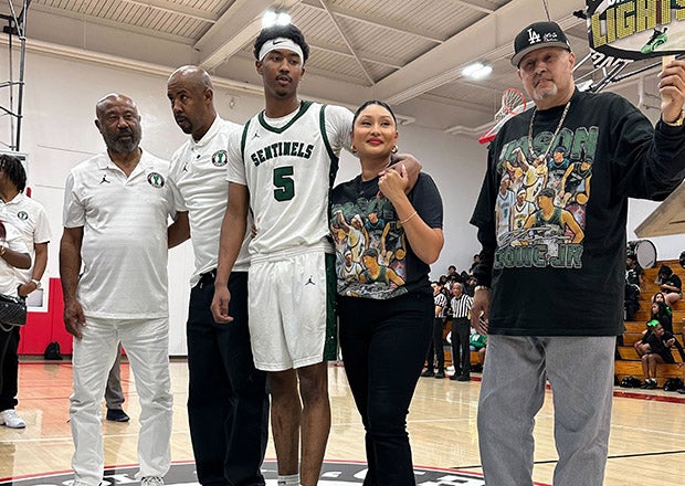 Jason Crowe Jr. is recognized alongside coaches and family during Tuesday's game after breaking the all-time scoring record in California just 10 months after Tounde Yessoufou did the same. (PHOTO: Daniel Dabiri)