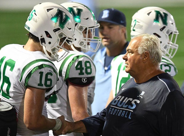 Berkeley Prep coach Dominick Ciao congratulates Arch Manning after his team's 49-24 victory.